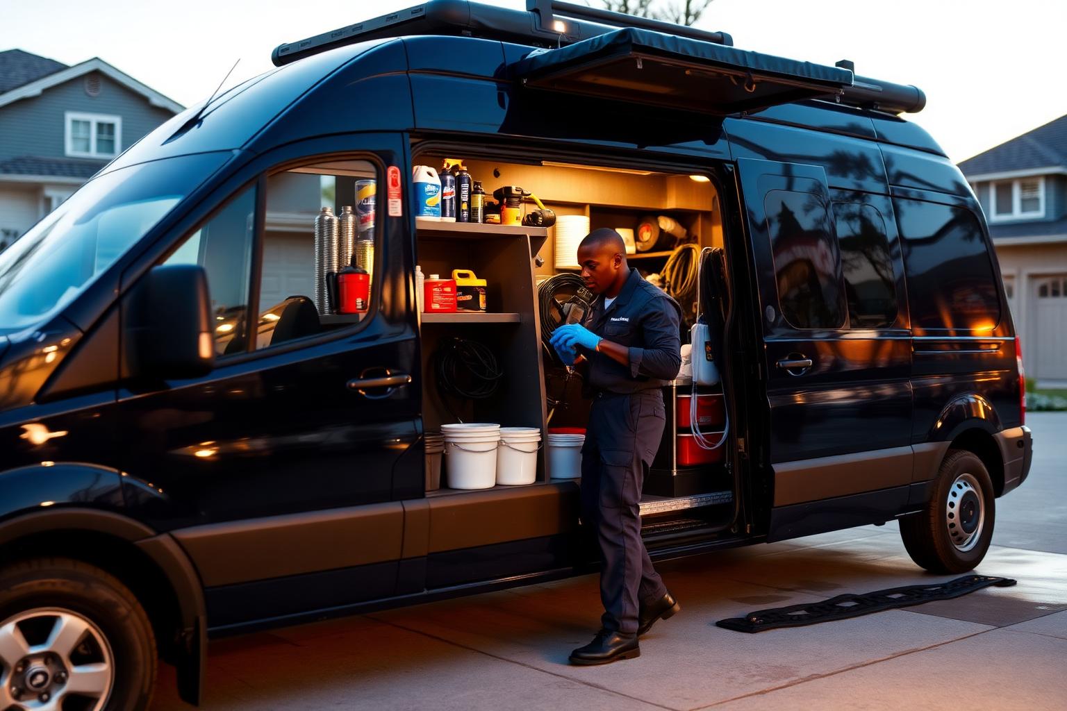 VIP Car Detailing detailer at work — mobile van open with full detailing equipment