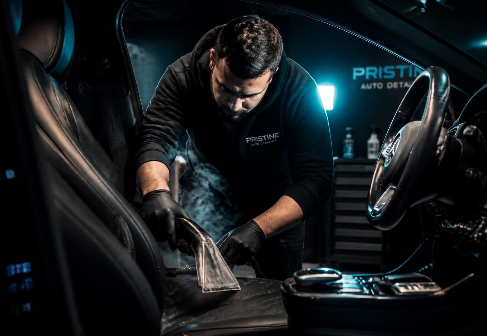 Detailer steam cleaning a car interior seat