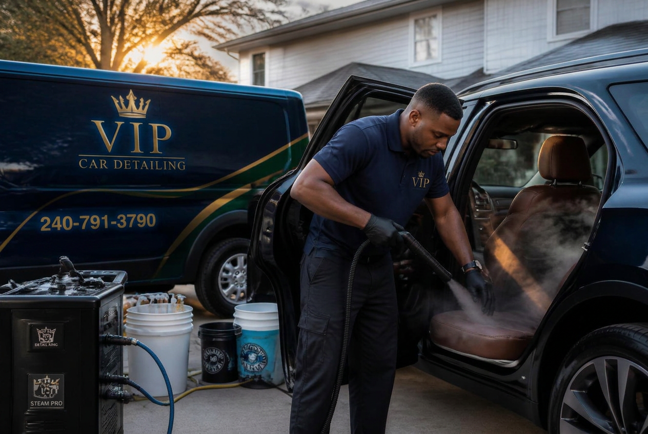 African American detailer steam cleaning a car interior seat next to a VIP Car Detailing van